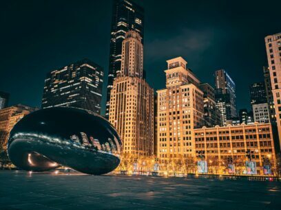 city skyline during night time